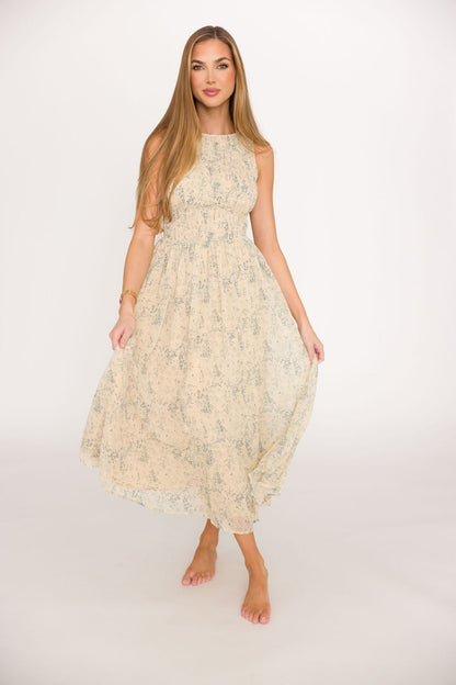 Alaina Floral Print Smocked Midi Dress in Blue Multi