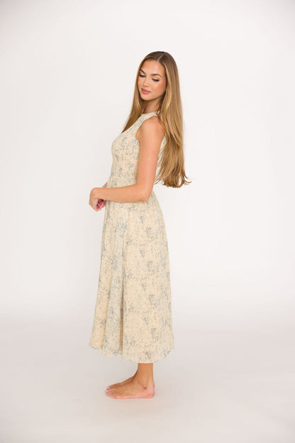 Alaina Floral Print Smocked Midi Dress in Blue Multi