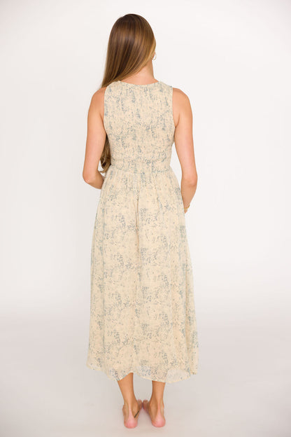 Alaina Floral Print Smocked Midi Dress in Blue Multi