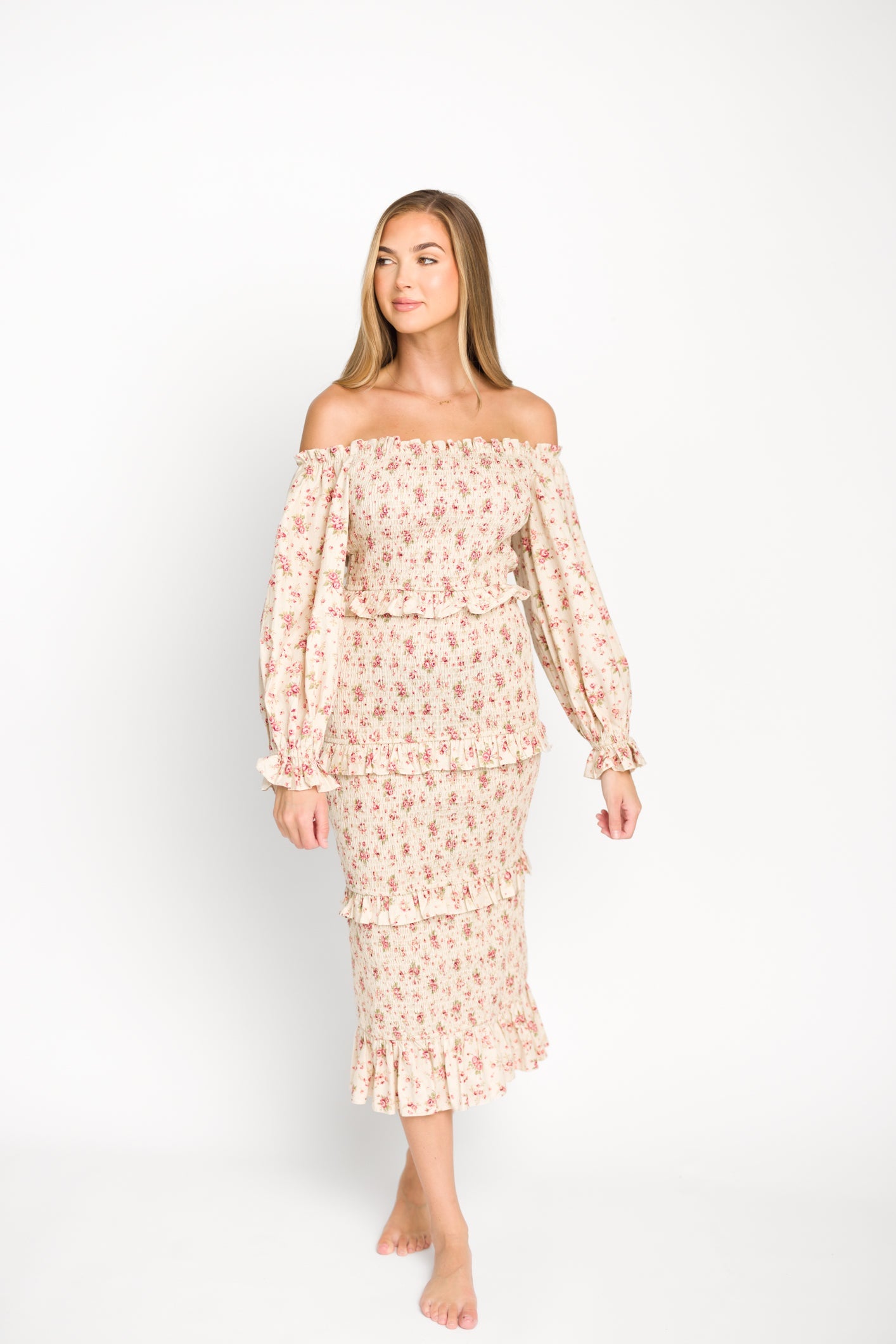 Lila Floral Printed Smocked Midi Dress in Pink - Bump Friendly