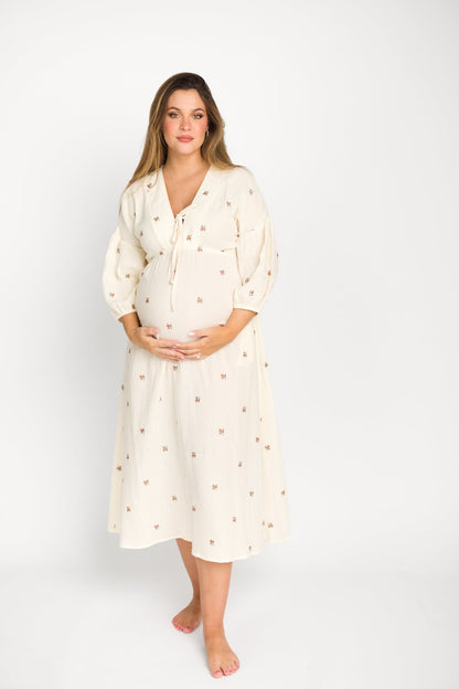 Hunter 100% Cotton Gauze Midi Dress in Soy/Pink Floral - Bump Friendly