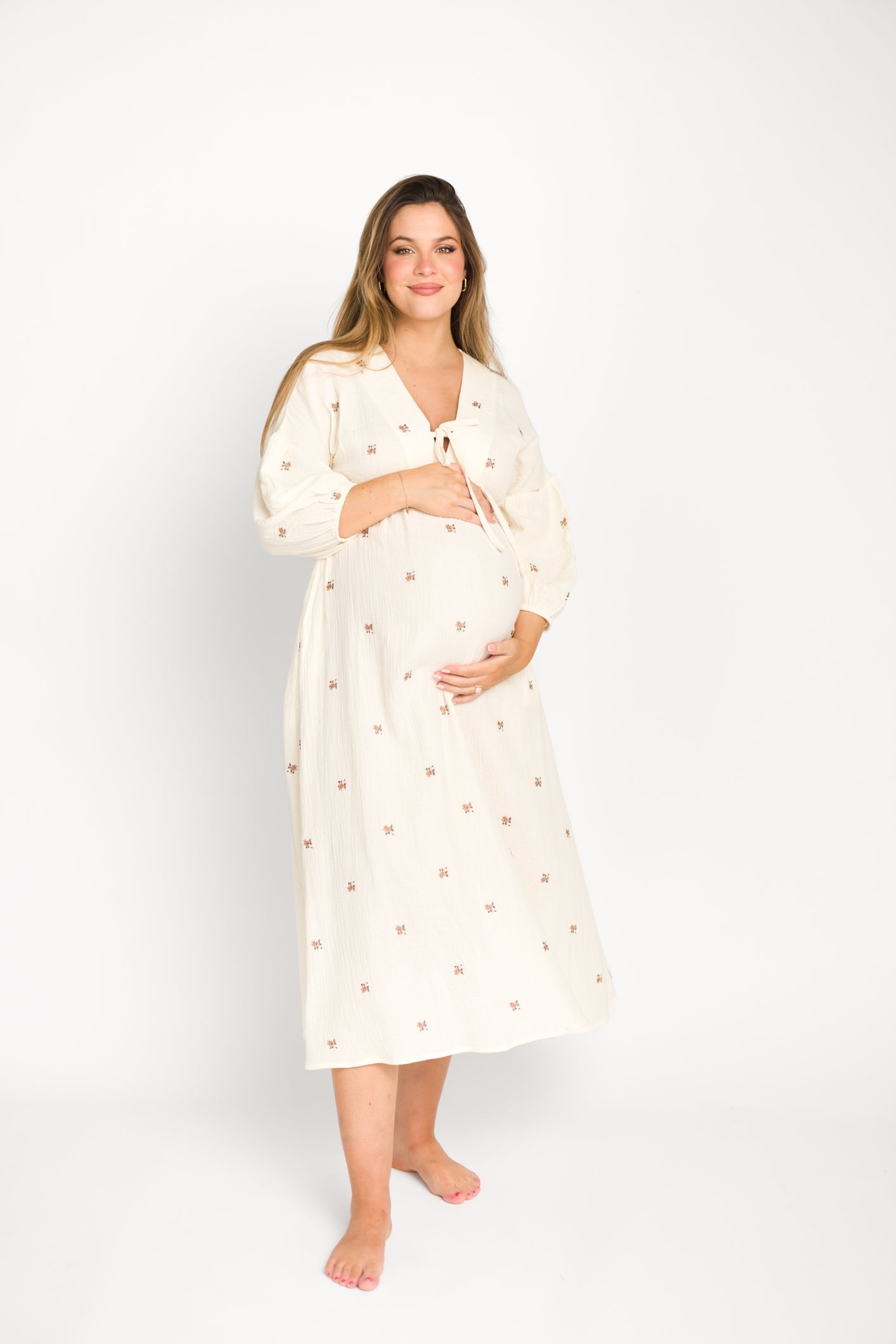 Hunter 100% Cotton Gauze Midi Dress in Soy/Pink Floral - Bump Friendly