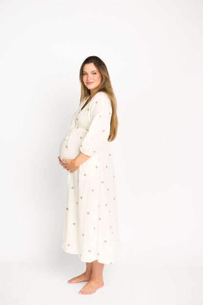 Hunter 100% Cotton Gauze Midi Dress in Soy/Pink Floral - Bump Friendly