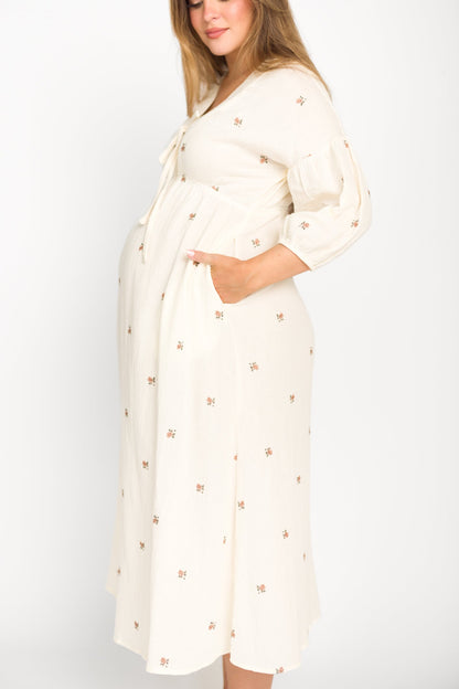Hunter 100% Cotton Gauze Midi Dress in Soy/Pink Floral - Bump Friendly