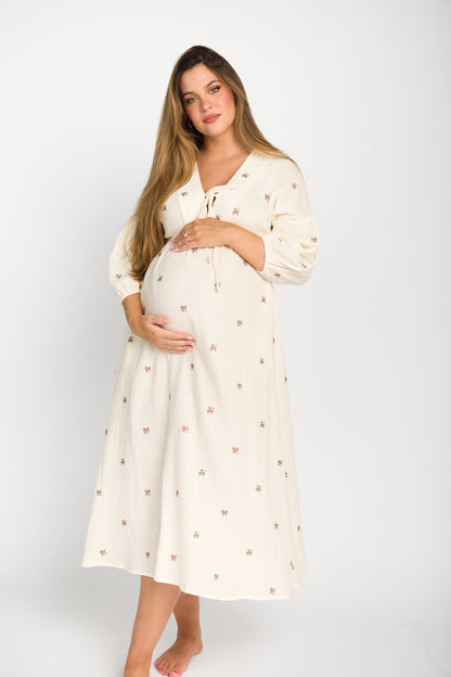 Hunter 100% Cotton Gauze Midi Dress in Soy/Pink Floral - Bump Friendly