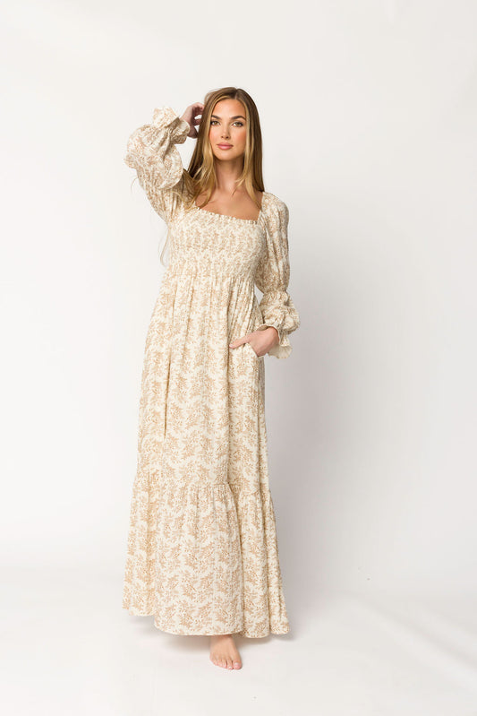 Emerson 100% Cotton Gauze Maxi Dress in Natural/Tan Floral - Bump Friendly
