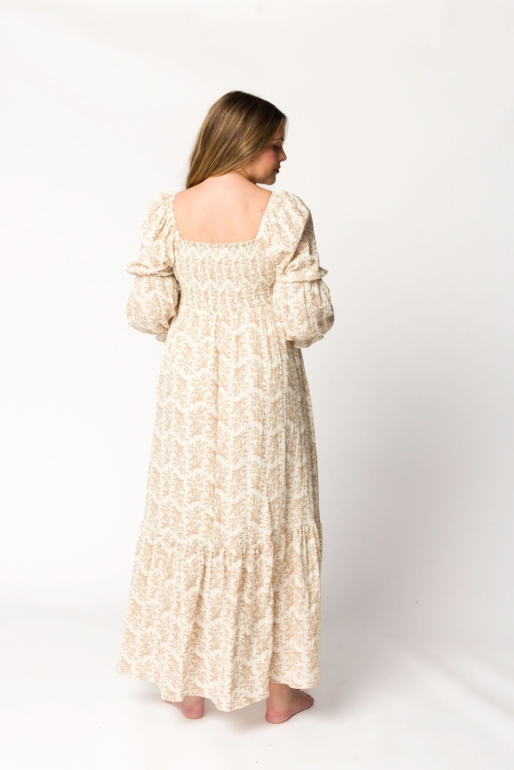 Emerson 100% Cotton Gauze Maxi Dress in Natural/Tan Floral - Bump Friendly