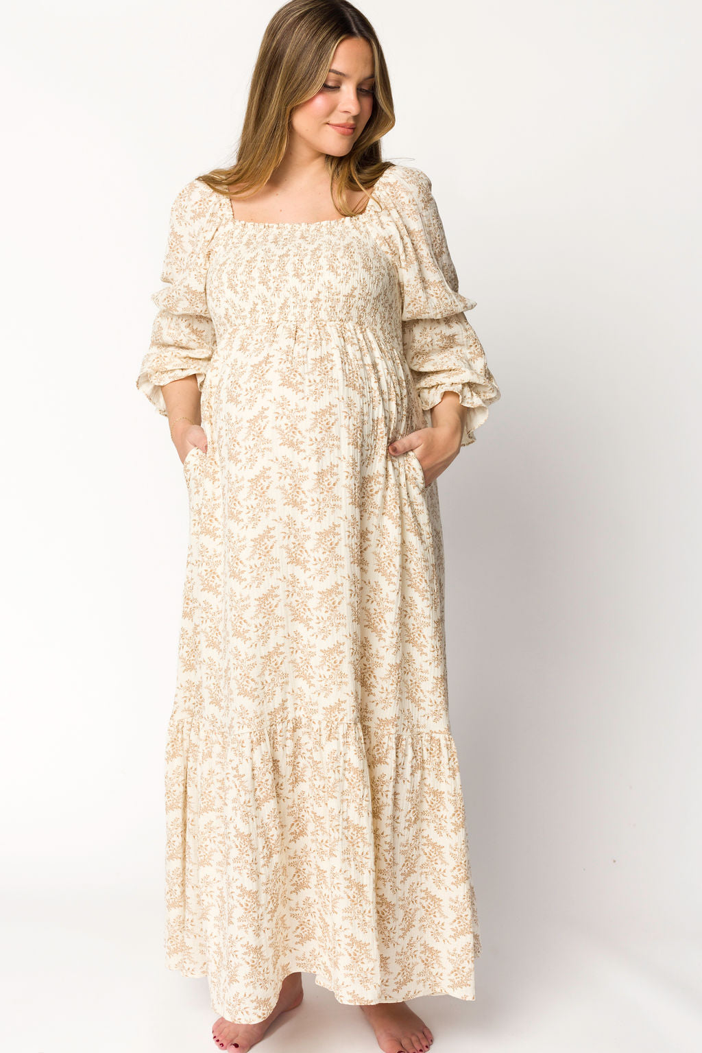Emerson 100% Cotton Gauze Maxi Dress in Natural/Tan Floral - Bump Friendly