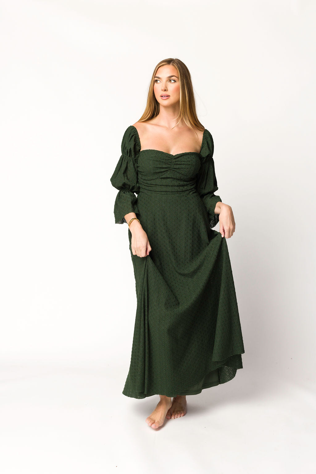 Corrine Tiered Sleeve Maxi Dress with Pockets in Hunter Green - Bump Friendly