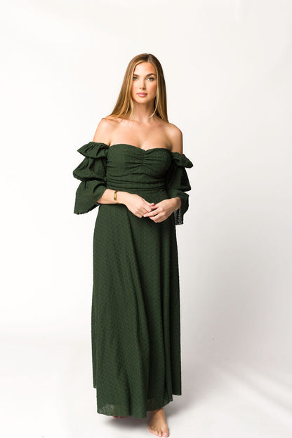 Corrine Tiered Sleeve Maxi Dress with Pockets in Hunter Green - Bump Friendly