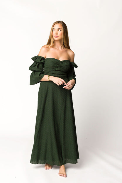Corrine Tiered Sleeve Maxi Dress with Pockets in Hunter Green - Bump Friendly