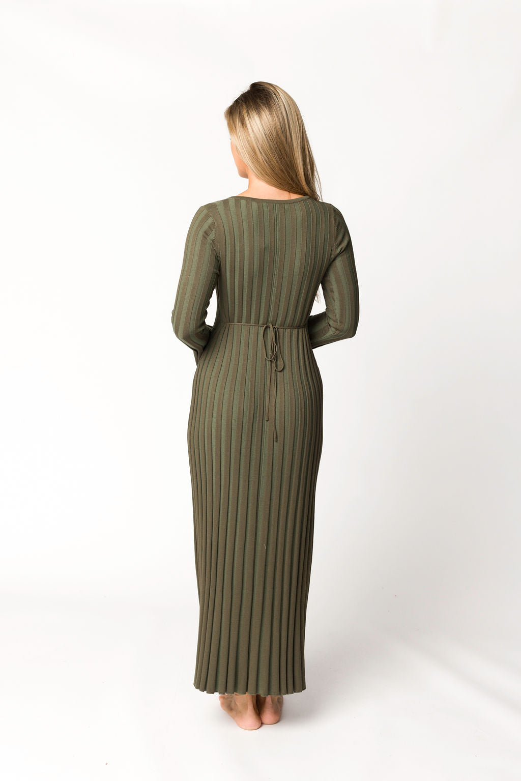 Hadley Long Sleeve V-Neck Knit Maxi Dress in Olive- Bump Friendly