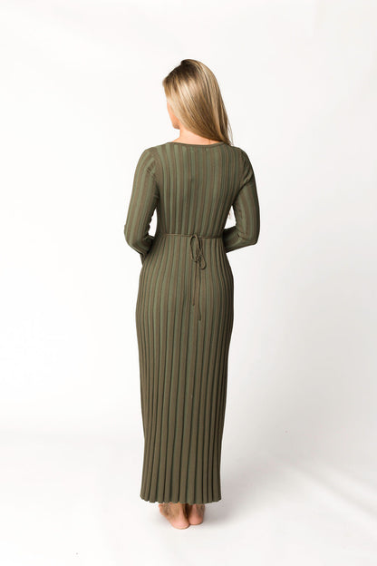 Hadley Long Sleeve V-Neck Knit Maxi Dress in Olive- Bump Friendly