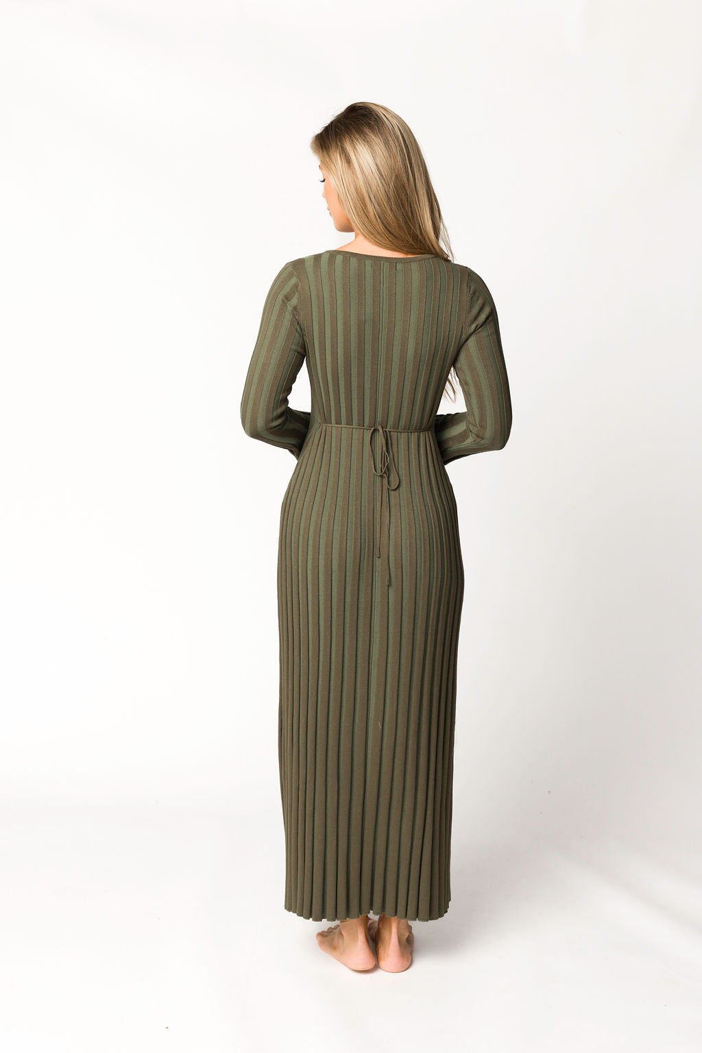Hadley Long Sleeve V-Neck Knit Maxi Dress in Olive- Bump Friendly