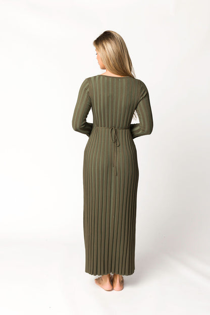Hadley Long Sleeve V-Neck Knit Maxi Dress in Olive- Bump Friendly