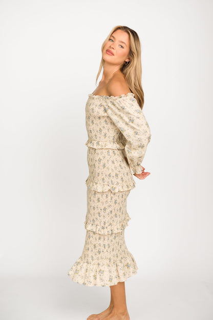 Lila Floral Printed Smocked Midi Dress in Blue - Bump Friendly