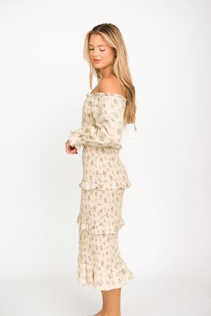 Lila Floral Printed Smocked Midi Dress in Blue - Bump Friendly