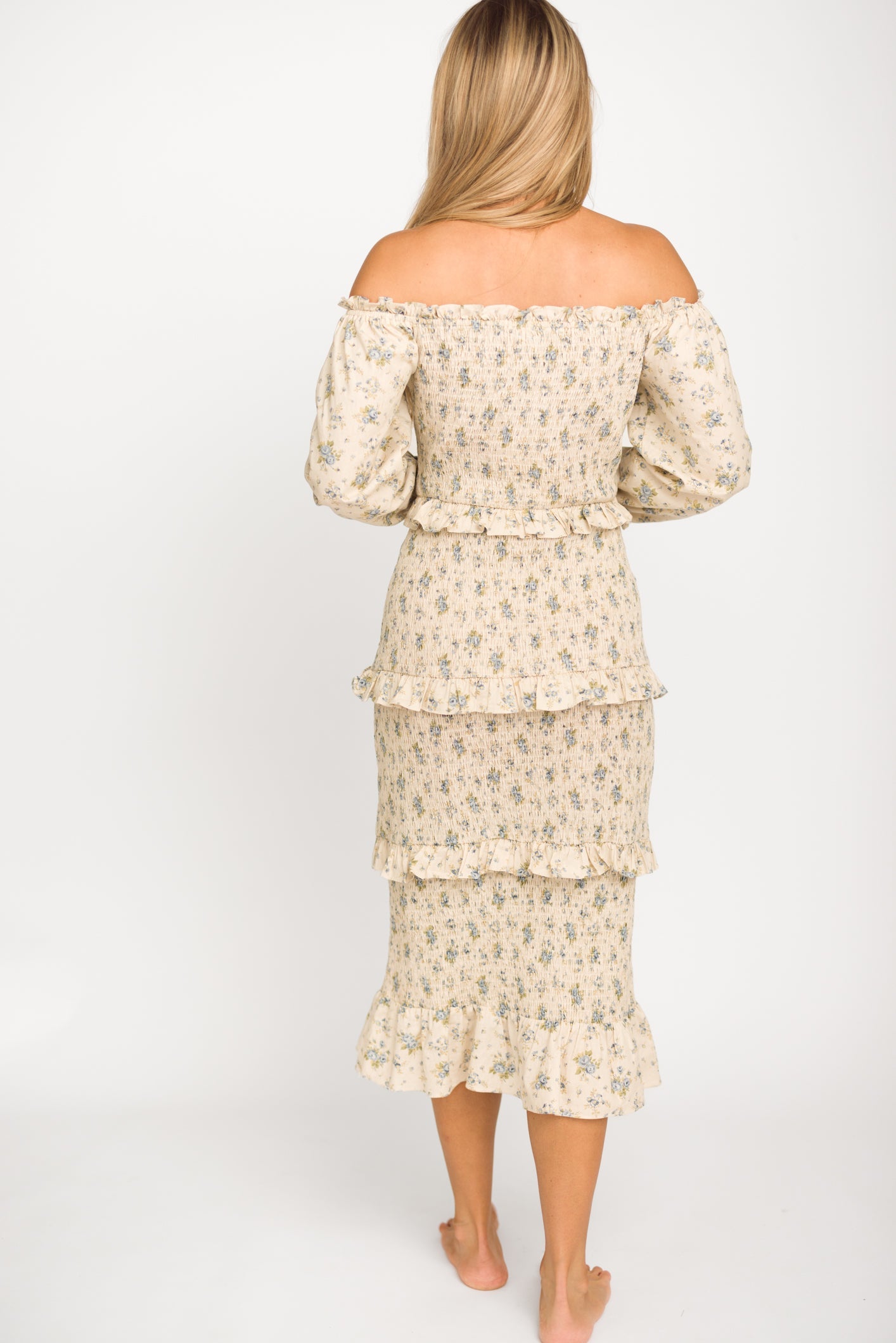 Lila Floral Printed Smocked Midi Dress in Blue - Bump Friendly