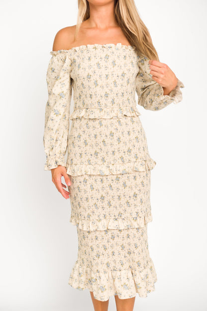 Lila Floral Printed Smocked Midi Dress in Blue - Bump Friendly