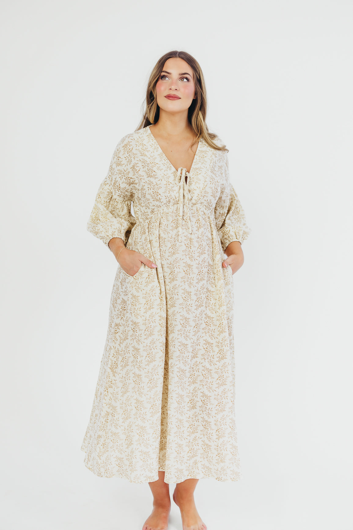 Hunter 100% Cotton Gauze Midi Dress in Natural/Tan Floral - Bump Friendly