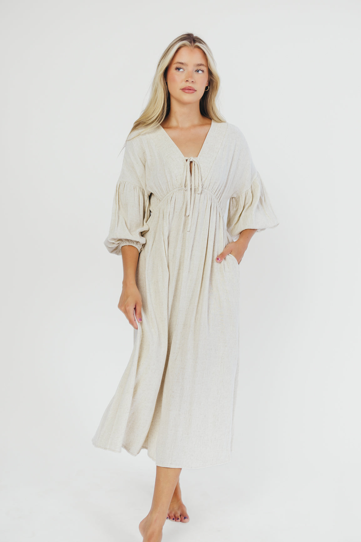 Hunter Linen-Blend Midi Dress in Greige - Bump Friendly *9/22 PRE-ORDER*