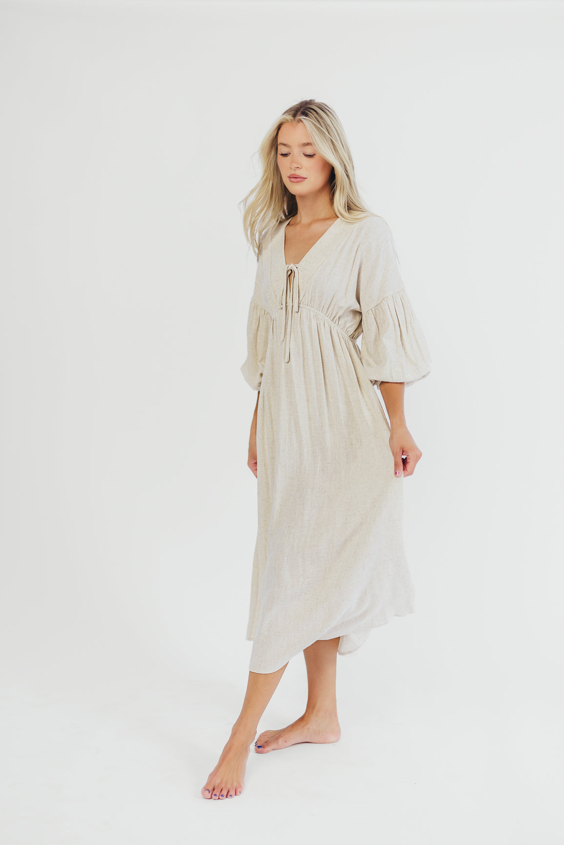 Hunter Linen-Blend Midi Dress in Greige - Bump Friendly *9/22 PRE-ORDER*