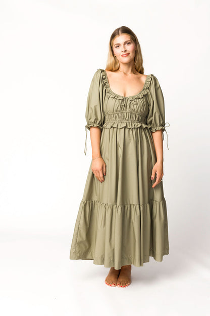 Crissy Ruched Midi Dress in Dusty Olive - Bump Friendly