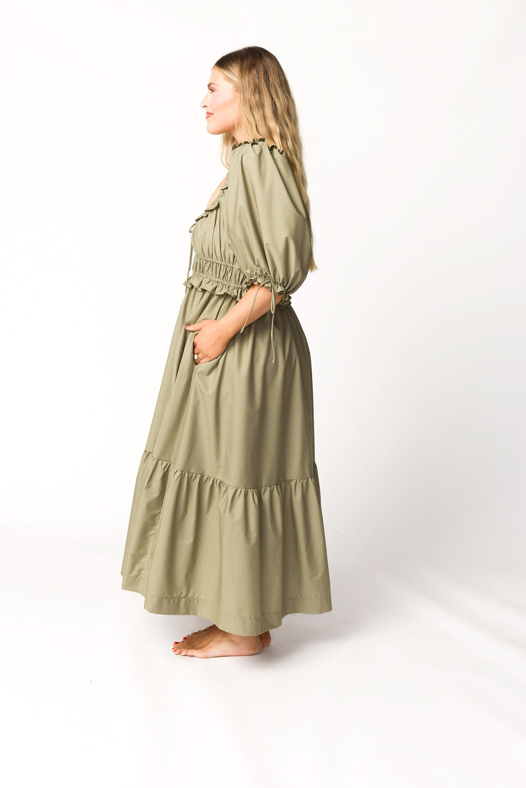 Crissy Ruched Midi Dress in Dusty Olive - Bump Friendly