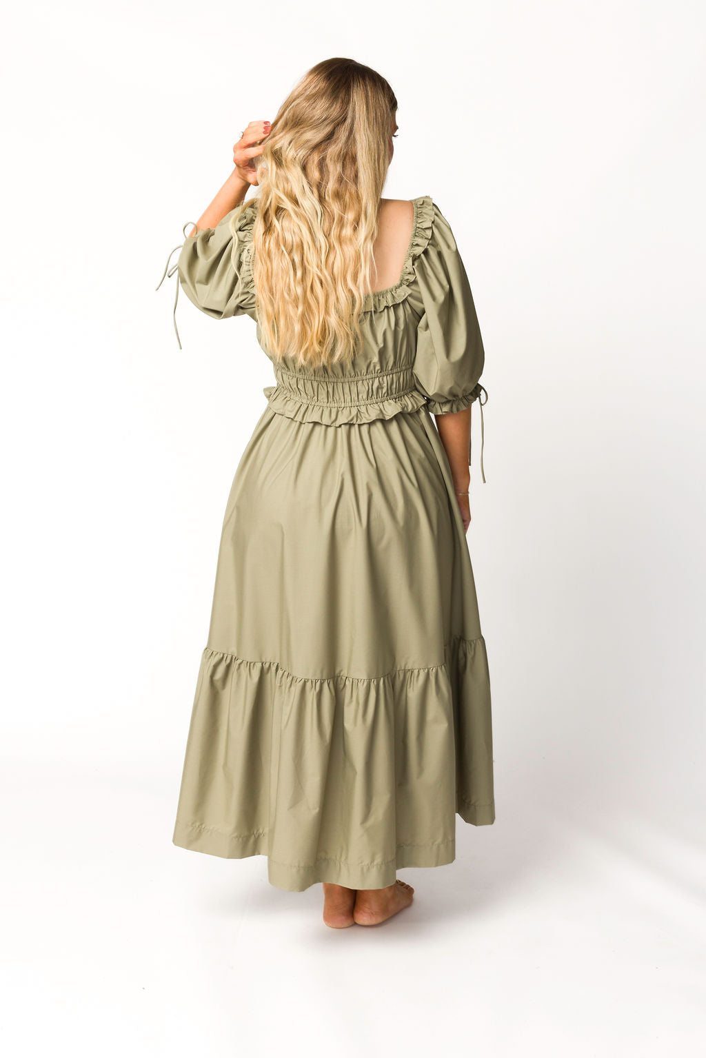 Crissy Ruched Midi Dress in Dusty Olive - Bump Friendly