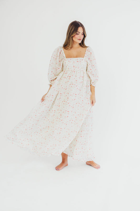 Mona Maxi Dress with Smocking in Ivory Floral - Bump Friendly & Inclusive Sizing (S-2XL)