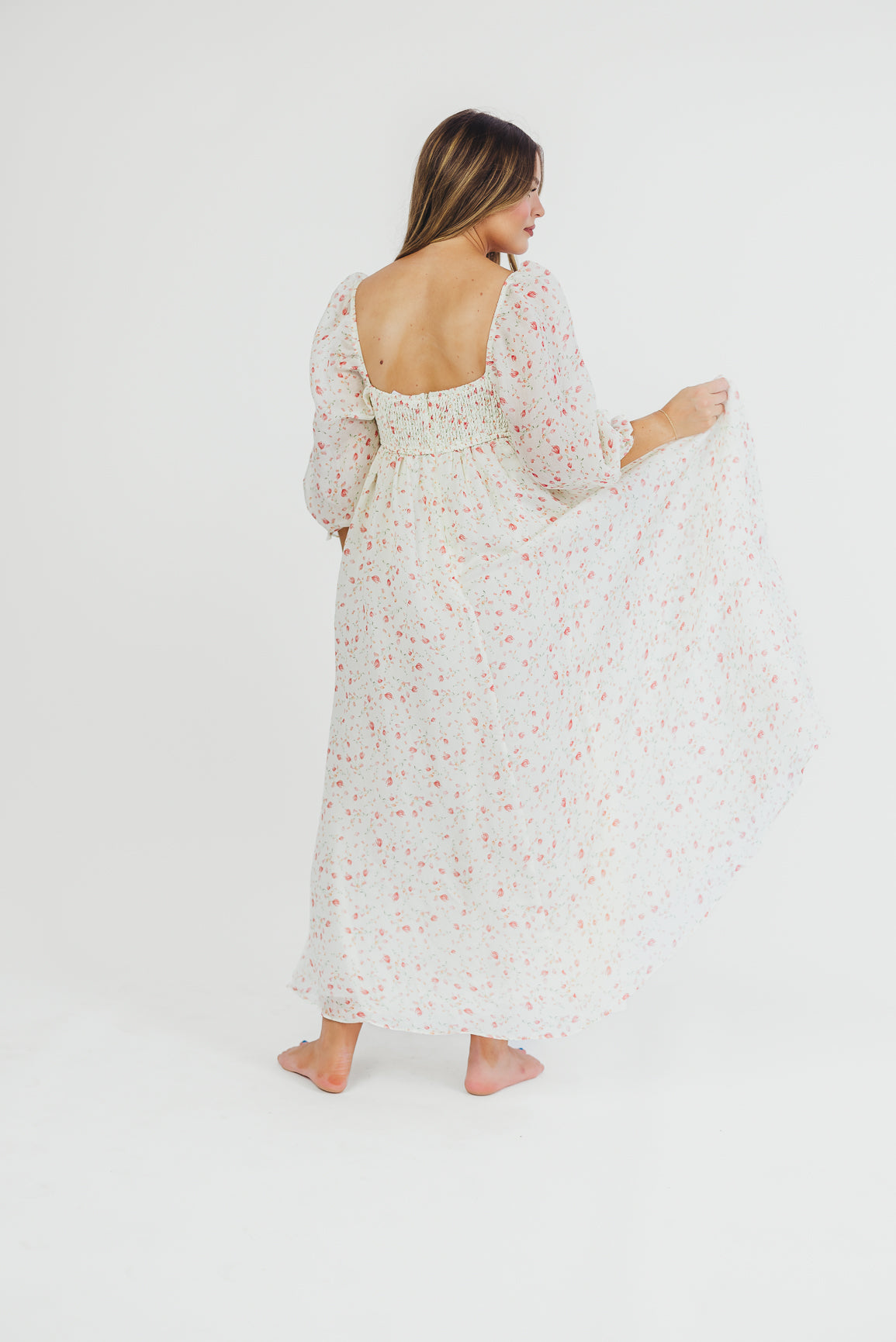 Mona Maxi Dress with Smocking in Ivory Floral - Bump Friendly & Inclusive Sizing (S-2XL)