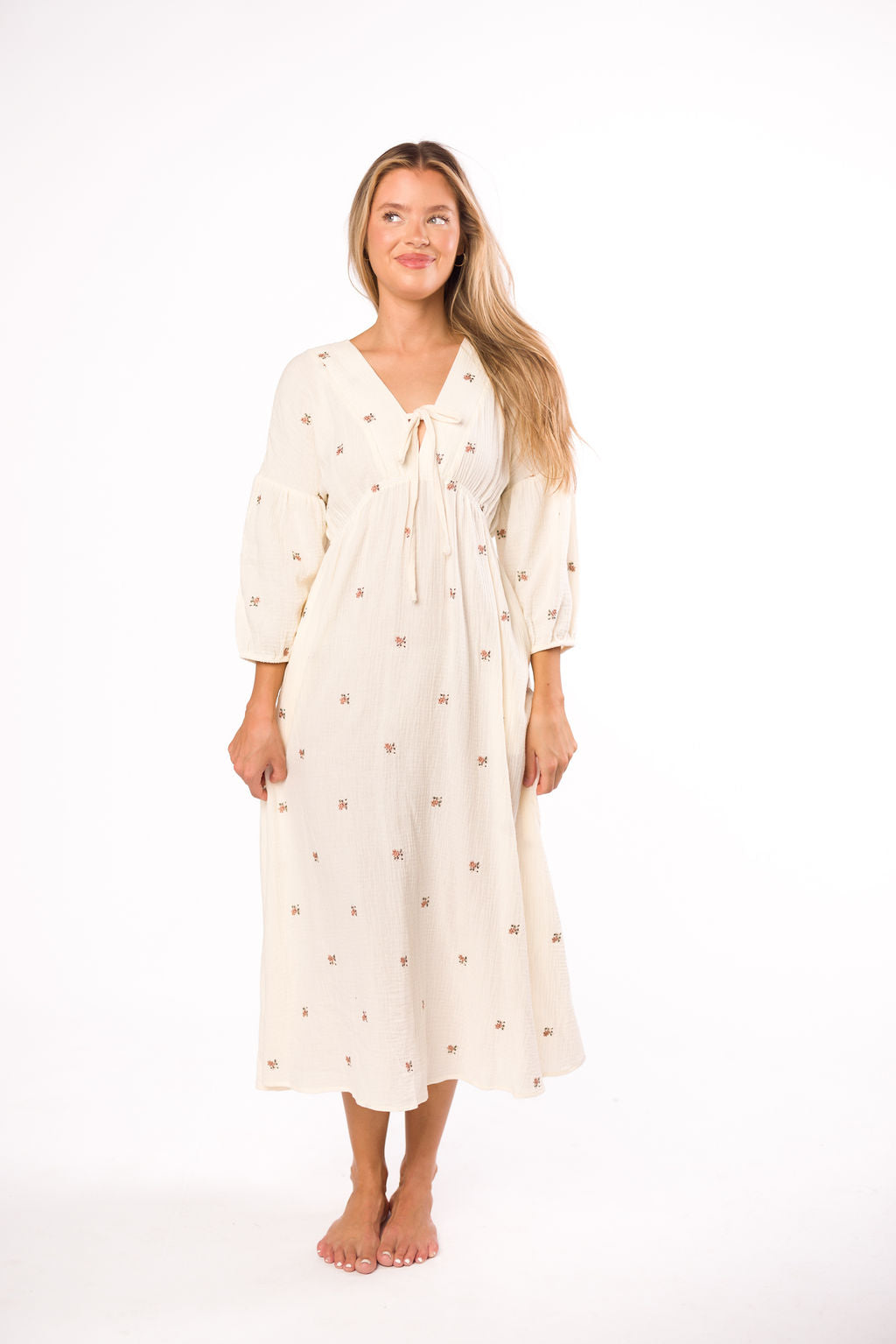 Hunter 100% Cotton Gauze Midi Dress in Soy/Pink Floral - Bump Friendly