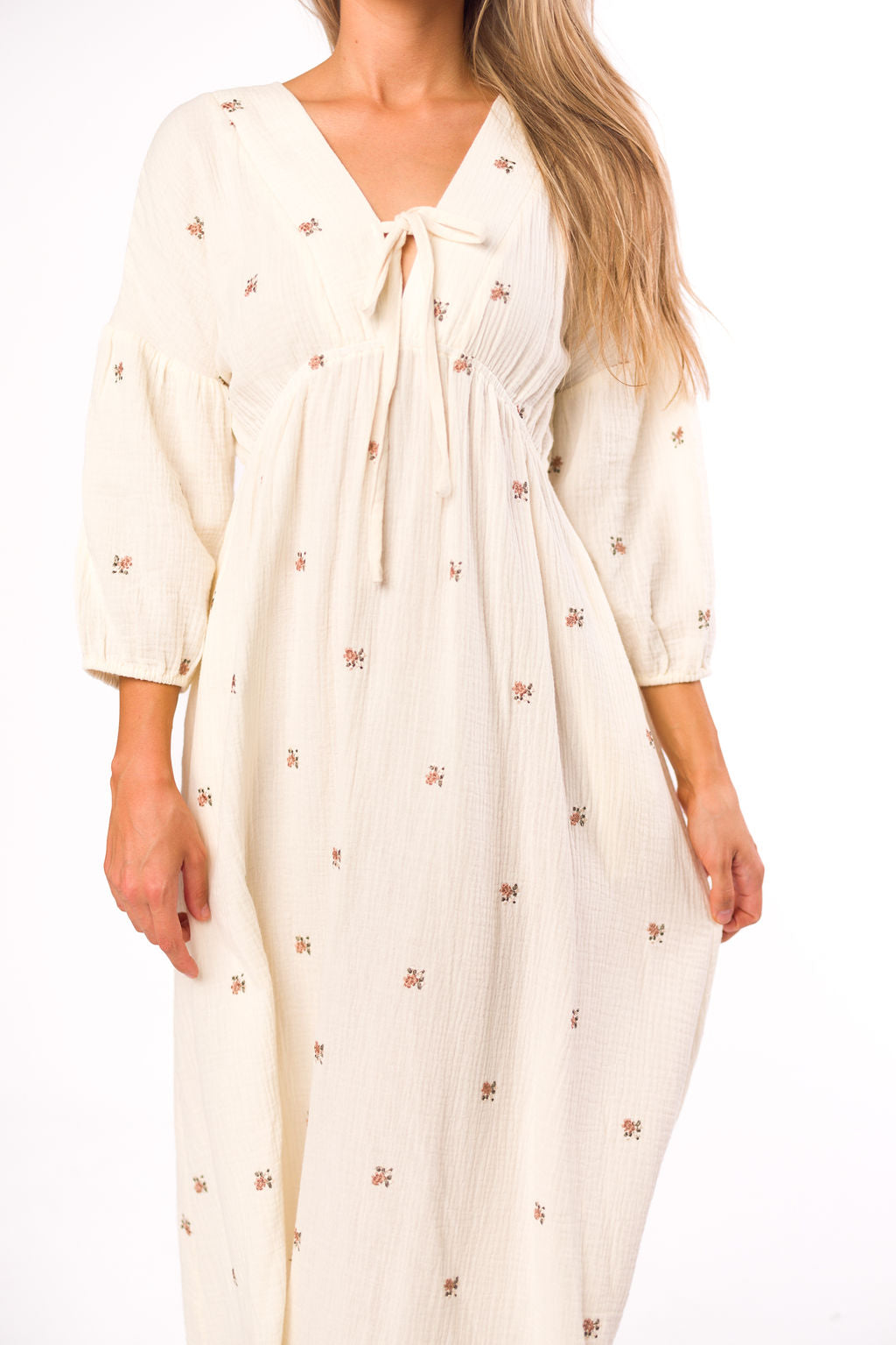 Hunter 100% Cotton Gauze Midi Dress in Soy/Pink Floral - Bump Friendly