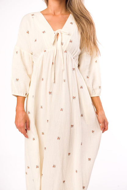 Hunter 100% Cotton Gauze Midi Dress in Soy/Pink Floral - Bump Friendly