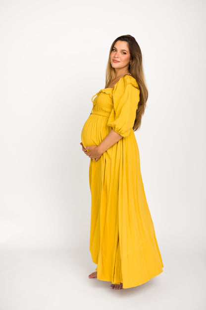 Devon Smocked Maxi Dress in Mustard - Bump Friendly
