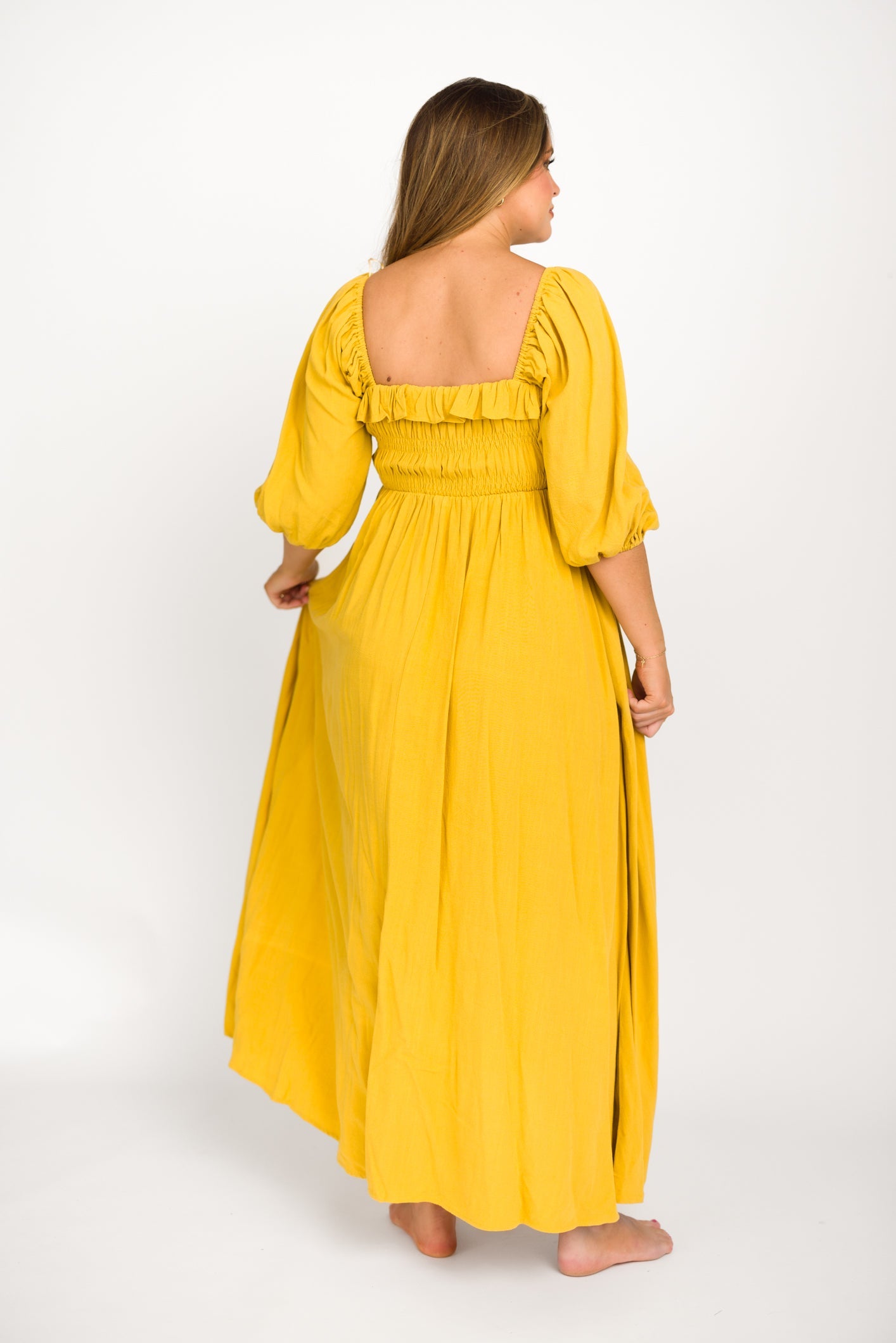Devon Smocked Maxi Dress in Mustard - Bump Friendly