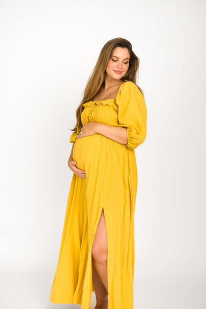 Devon Smocked Maxi Dress in Mustard - Bump Friendly