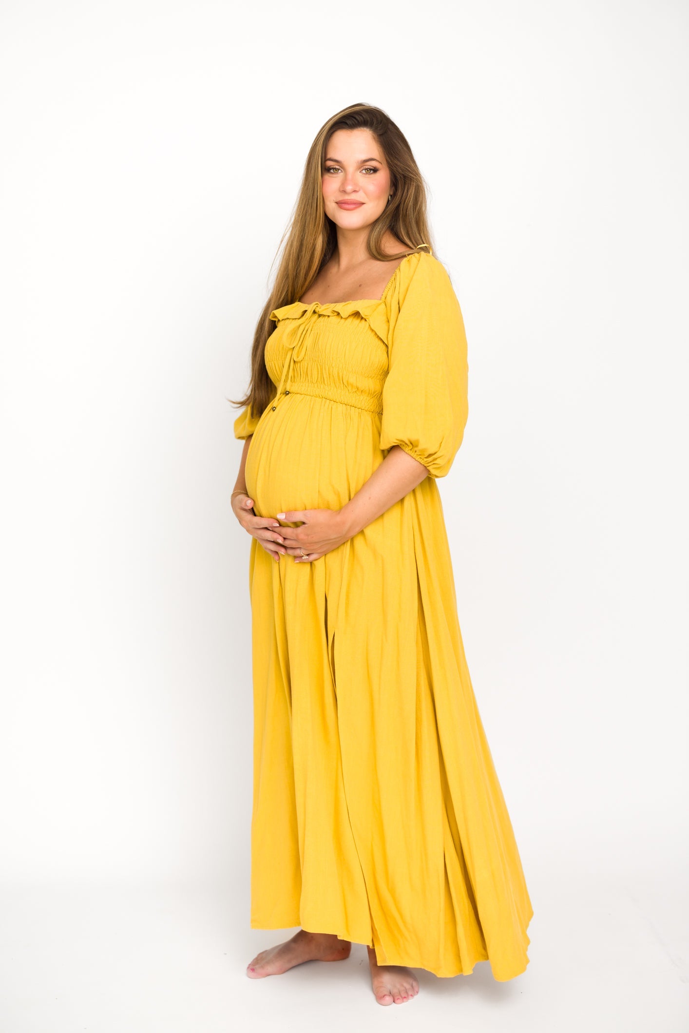 Devon Smocked Maxi Dress in Mustard - Bump Friendly