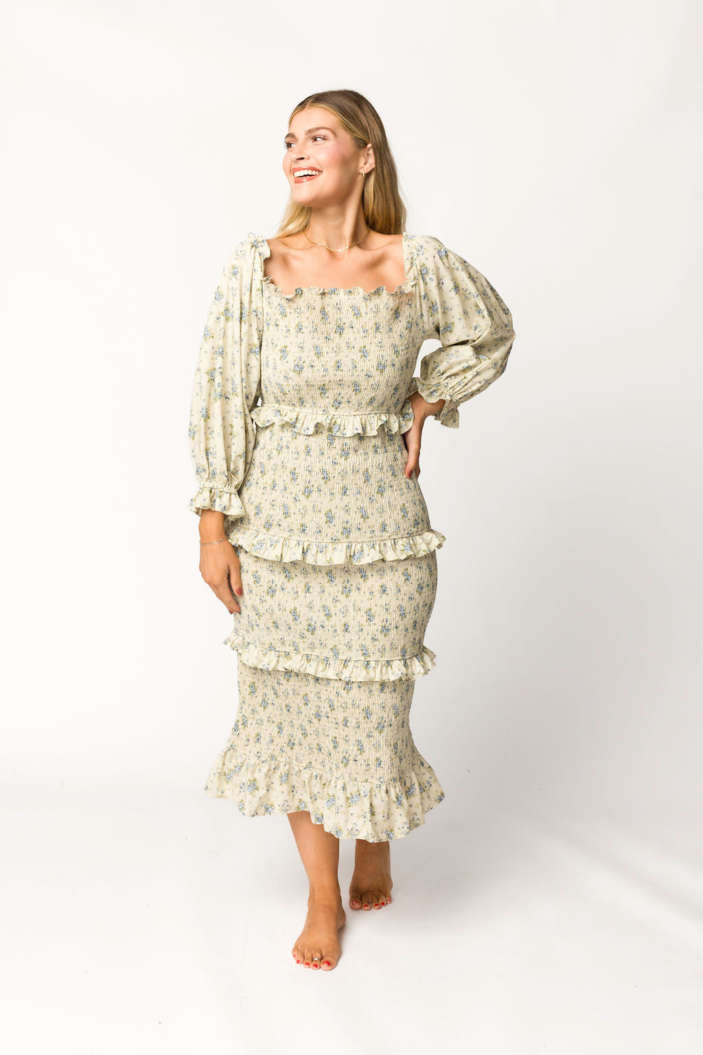 Lila Floral Printed Smocked Midi Dress in Blue - Bump Friendly