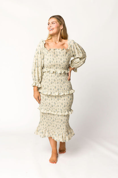 Lila Floral Printed Smocked Midi Dress in Blue - Bump Friendly