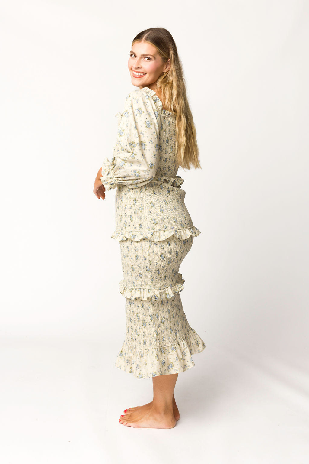 Lila Floral Printed Smocked Midi Dress in Blue - Bump Friendly