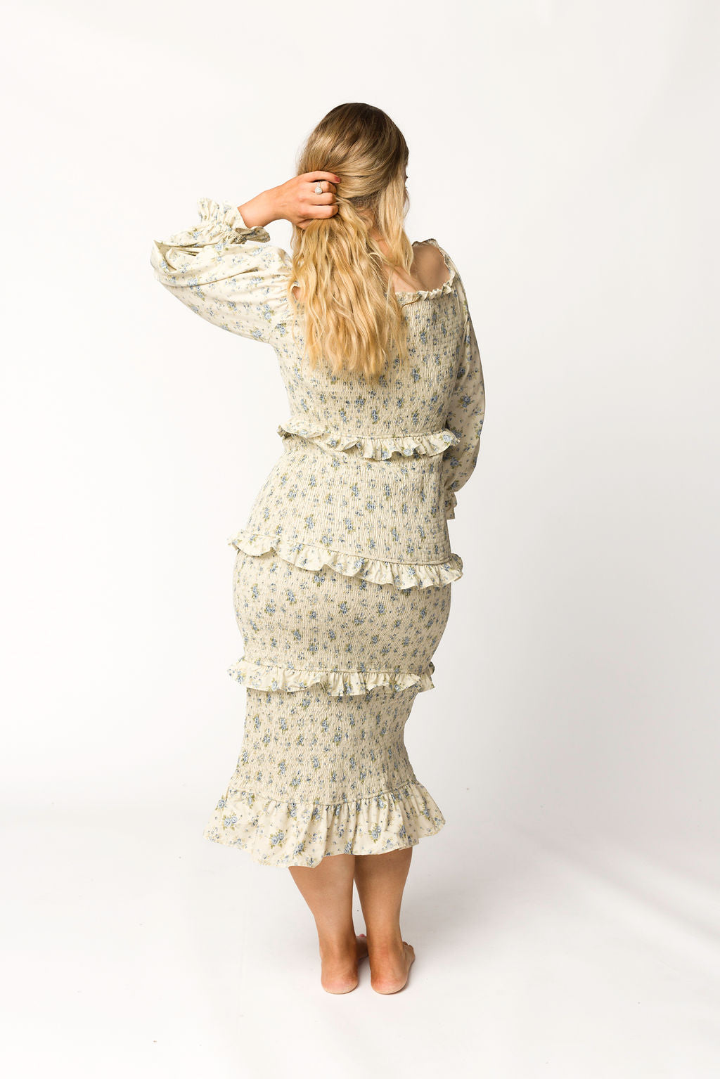 Lila Floral Printed Smocked Midi Dress in Blue - Bump Friendly