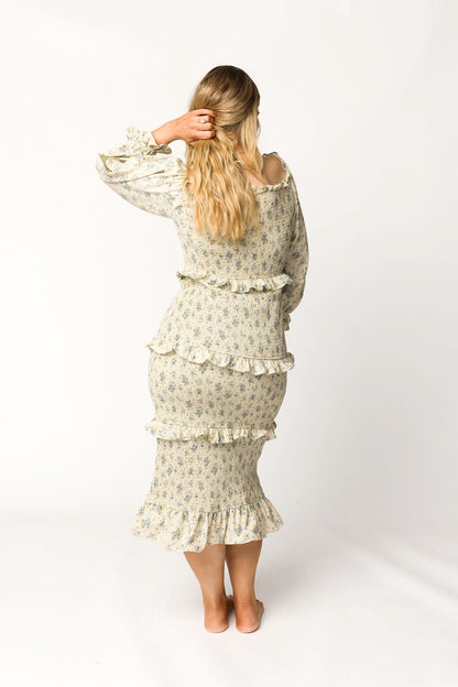 Lila Floral Printed Smocked Midi Dress in Blue - Bump Friendly