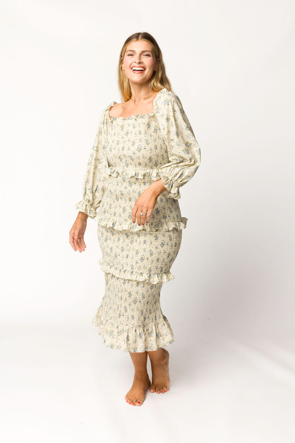 Lila Floral Printed Smocked Midi Dress in Blue - Bump Friendly