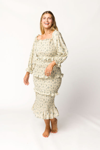 Lila Floral Printed Smocked Midi Dress in Blue - Bump Friendly