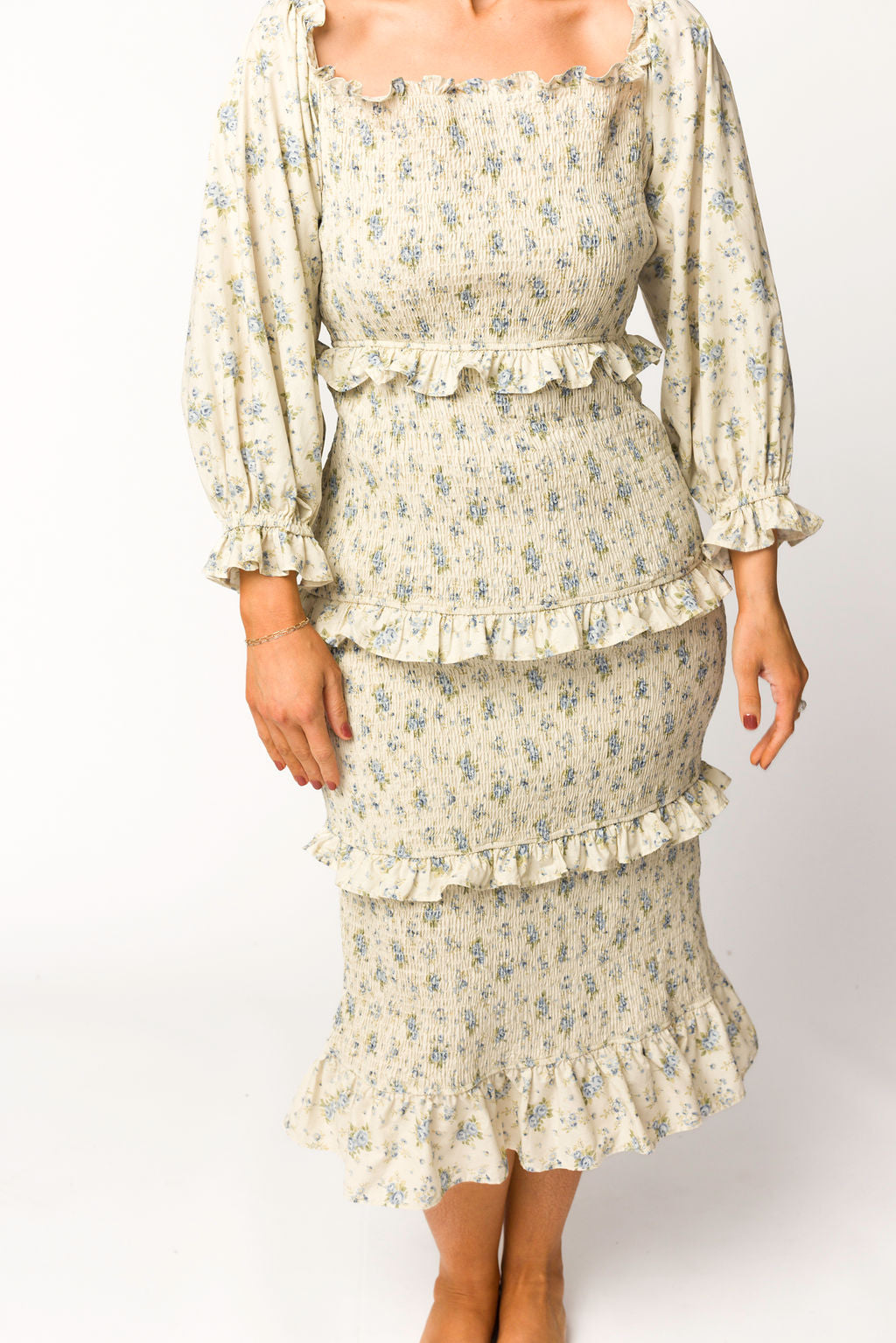 Lila Floral Printed Smocked Midi Dress in Blue - Bump Friendly