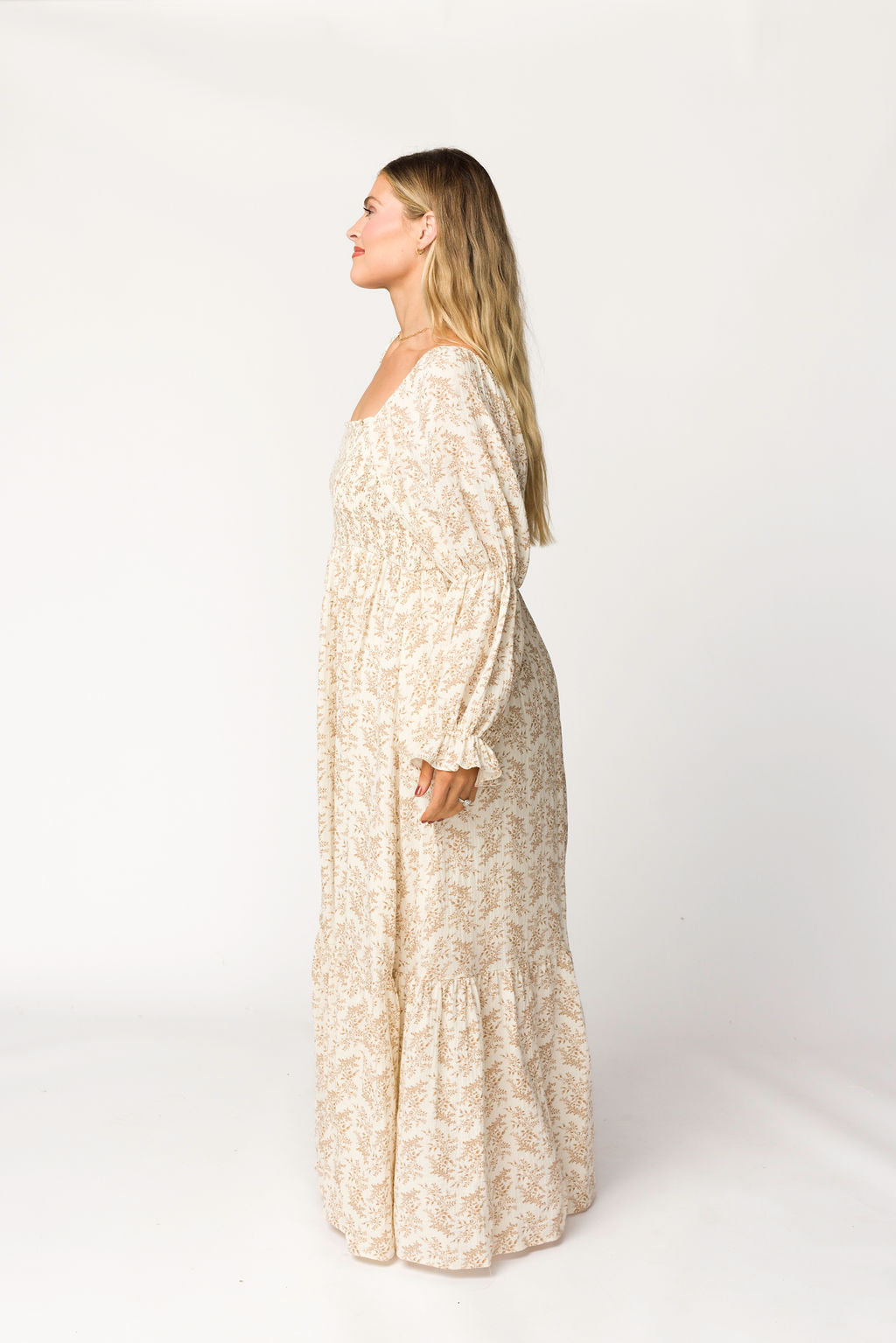 Emerson 100% Cotton Gauze Maxi Dress in Natural/Tan Floral - Bump Friendly