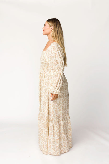 Emerson 100% Cotton Gauze Maxi Dress in Natural/Tan Floral - Bump Friendly