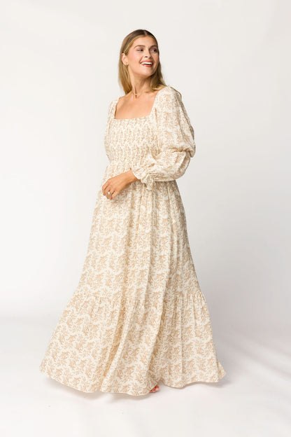 Emerson 100% Cotton Gauze Maxi Dress in Natural/Tan Floral - Bump Friendly
