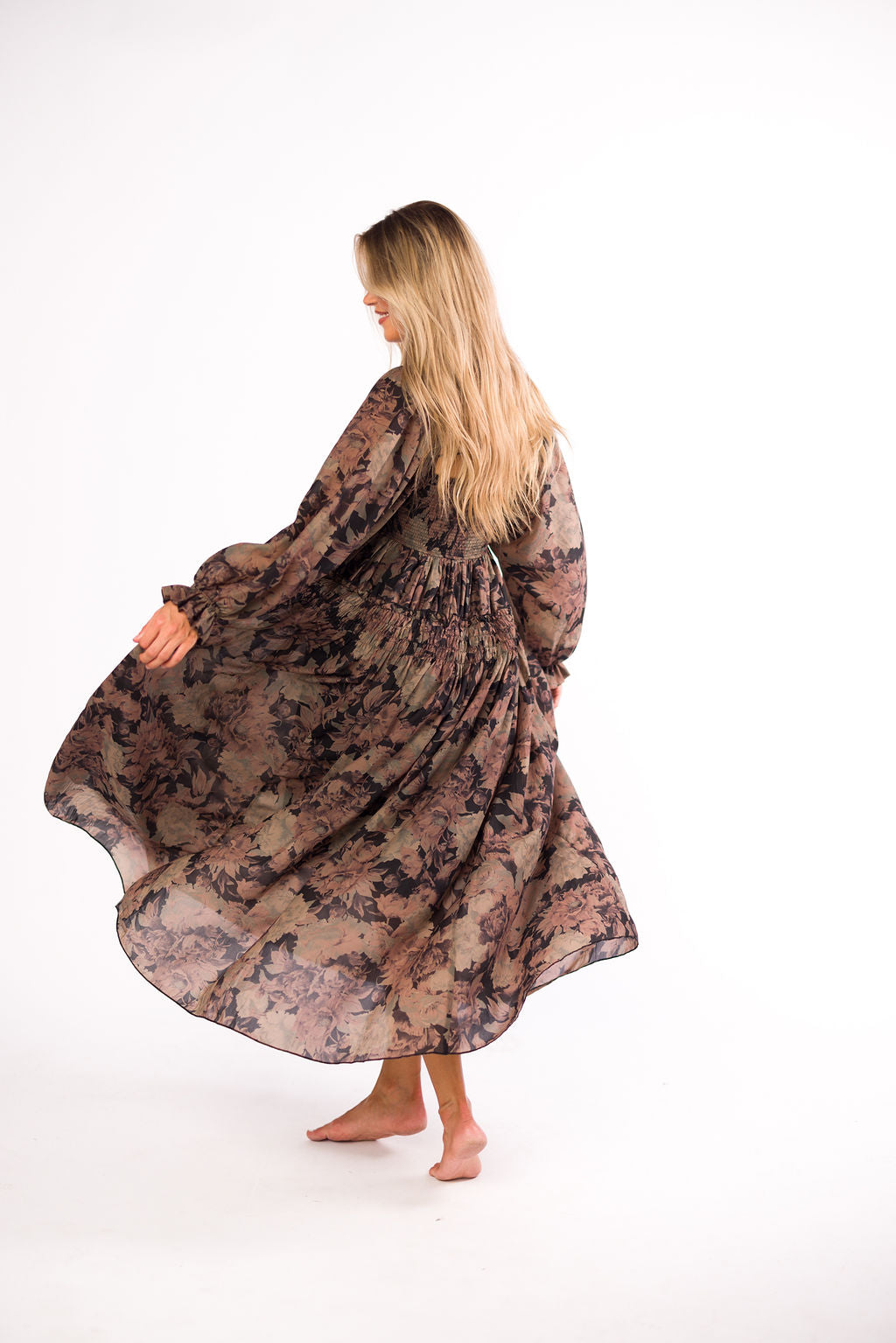 Blaine Smocked Maxi Dress in Black Floral